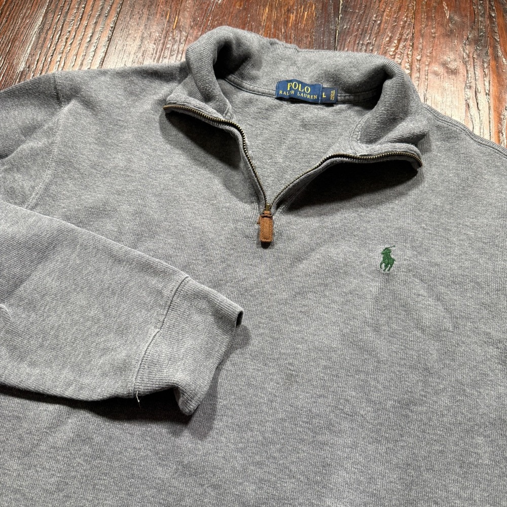 Polo Ralph Lauren Sweater Mens‎ Large Gray 1/4 Zip Pullover Green Pony Preppy